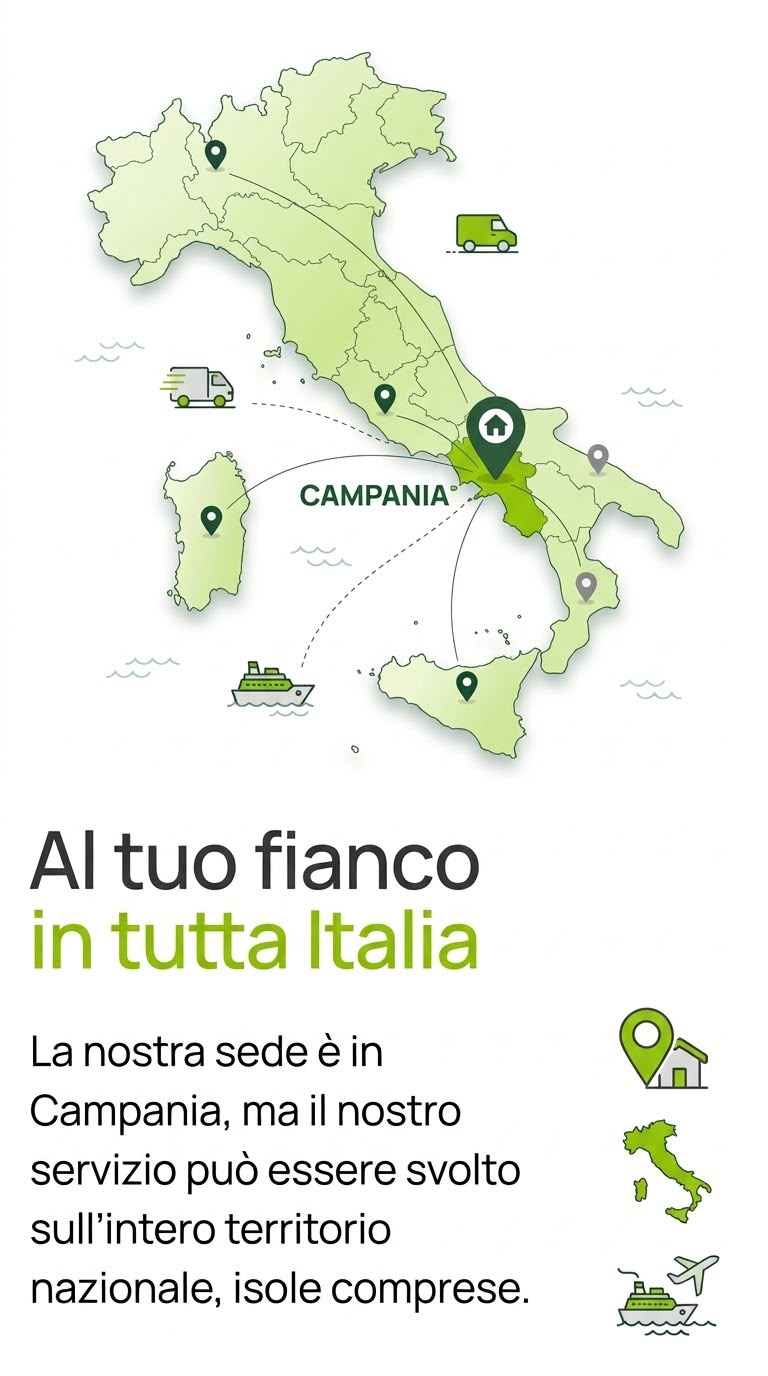 Mappa dell'Italia con la sede Clean Tex in Campania e collegamenti verso tutto il territorio nazionale